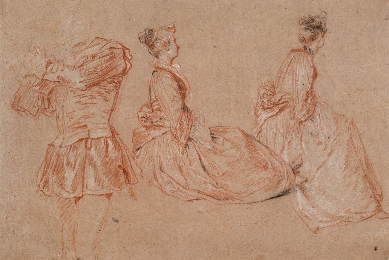 Estudos de um flautista e duas mulheres, 1717 de Jean Antoine Watteau