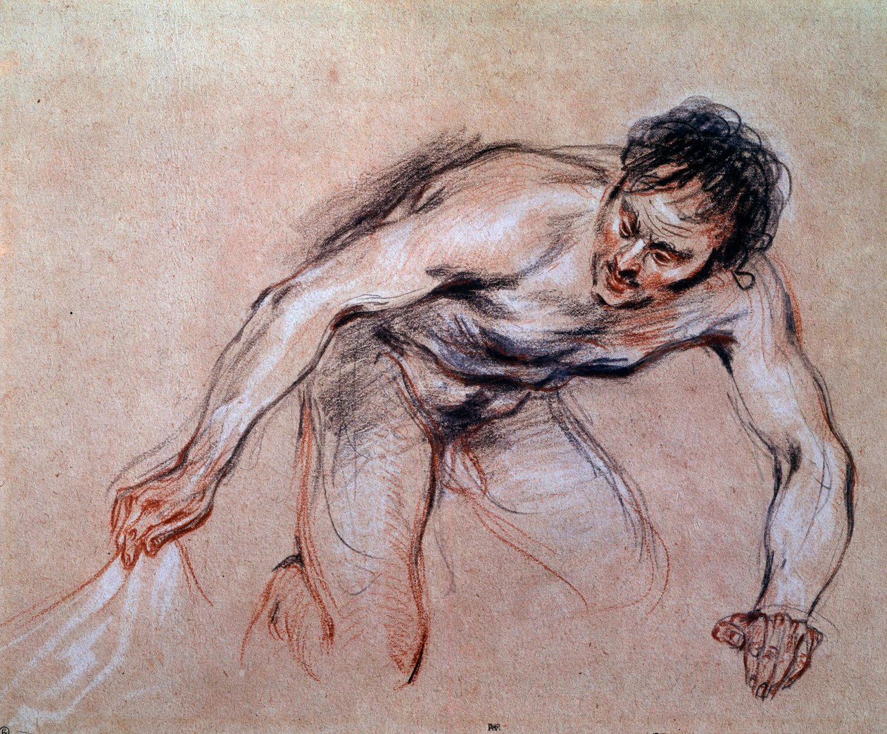 Estudo de um homem nu ajoelhado a puxar um drapeado Desenho a la sanguine por Jean Antoine Watteau (1684-1721) Século XVIII Sol. 0,24x0,29 m Paris, Musee du Louvre de Jean Antoine Watteau