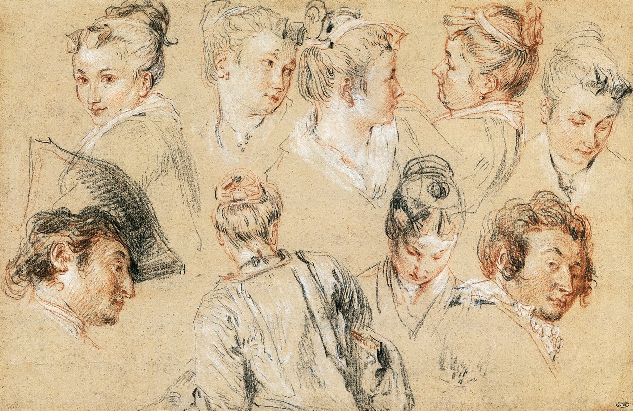 Estudo de cabeças, por Jean-Antoine Watteau (1684-1721), desenho de Jean Antoine Watteau