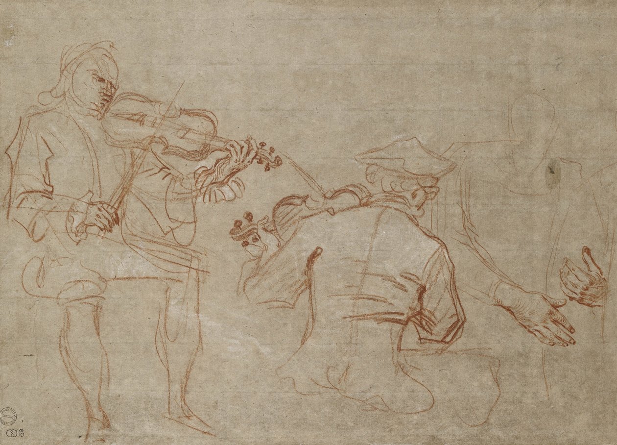 Estudo de dois violinistas e um par de mãos, segurando um braço (vermelho e giz branco sobre papel) de Jean Antoine Watteau