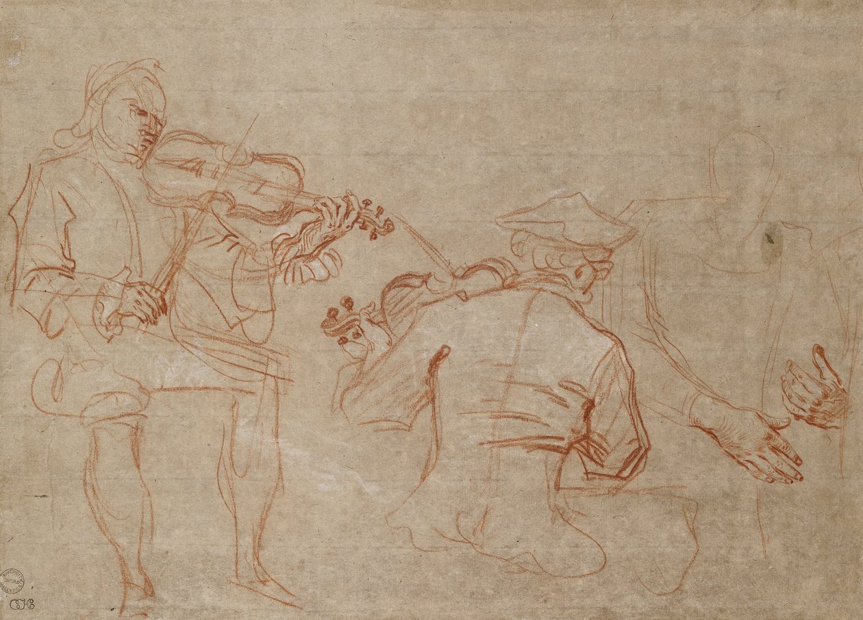 Estudo de dois violinistas e um par de mãos, segurando um braço, à direita, cerca de 1716 de Jean Antoine Watteau