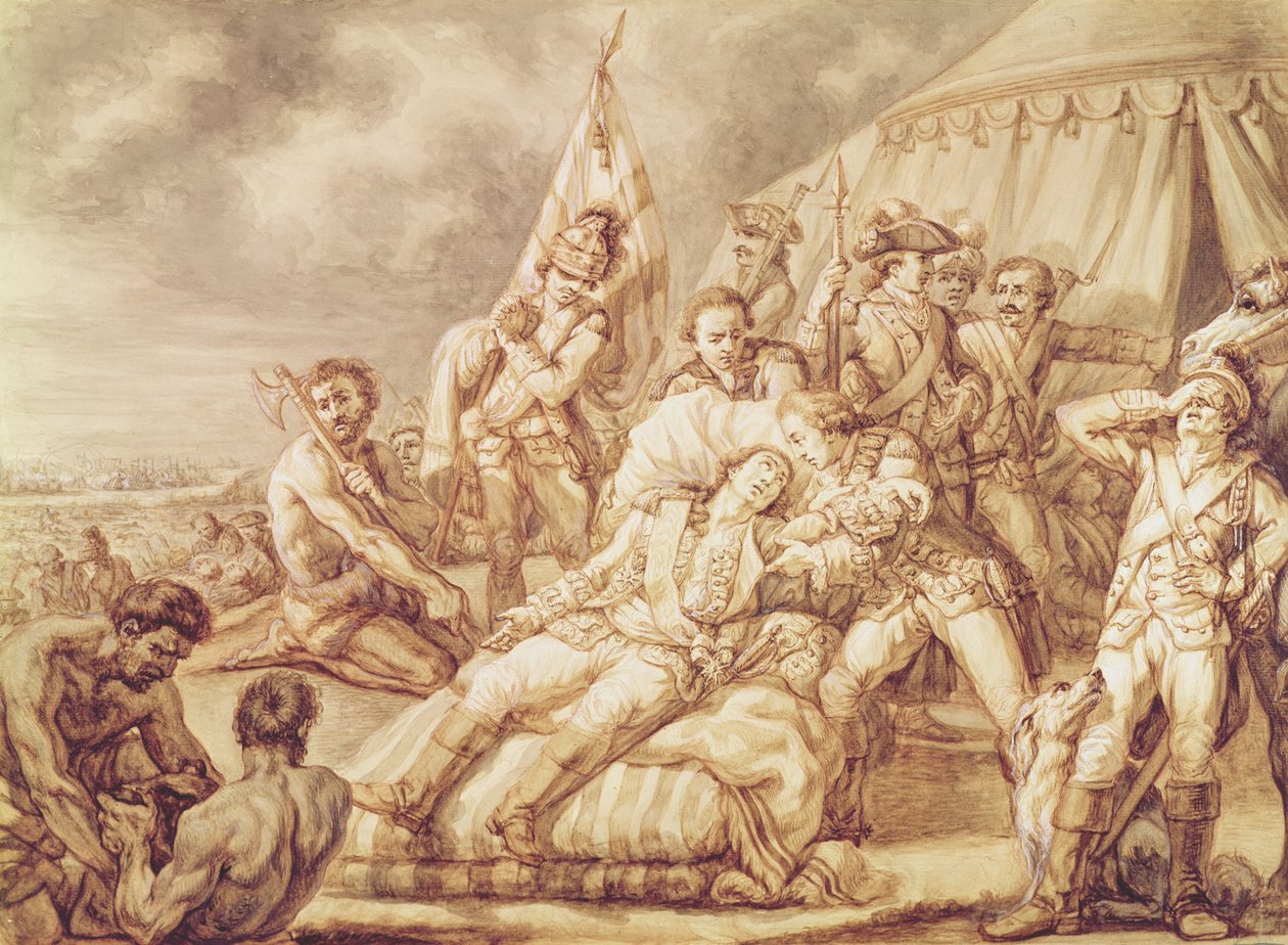 A Morte do Marquês de Montcalm de Saint-Veran (1712-59) (caneta e tinta a tinta com bodycolour no papel) de Jean Antoine Watteau