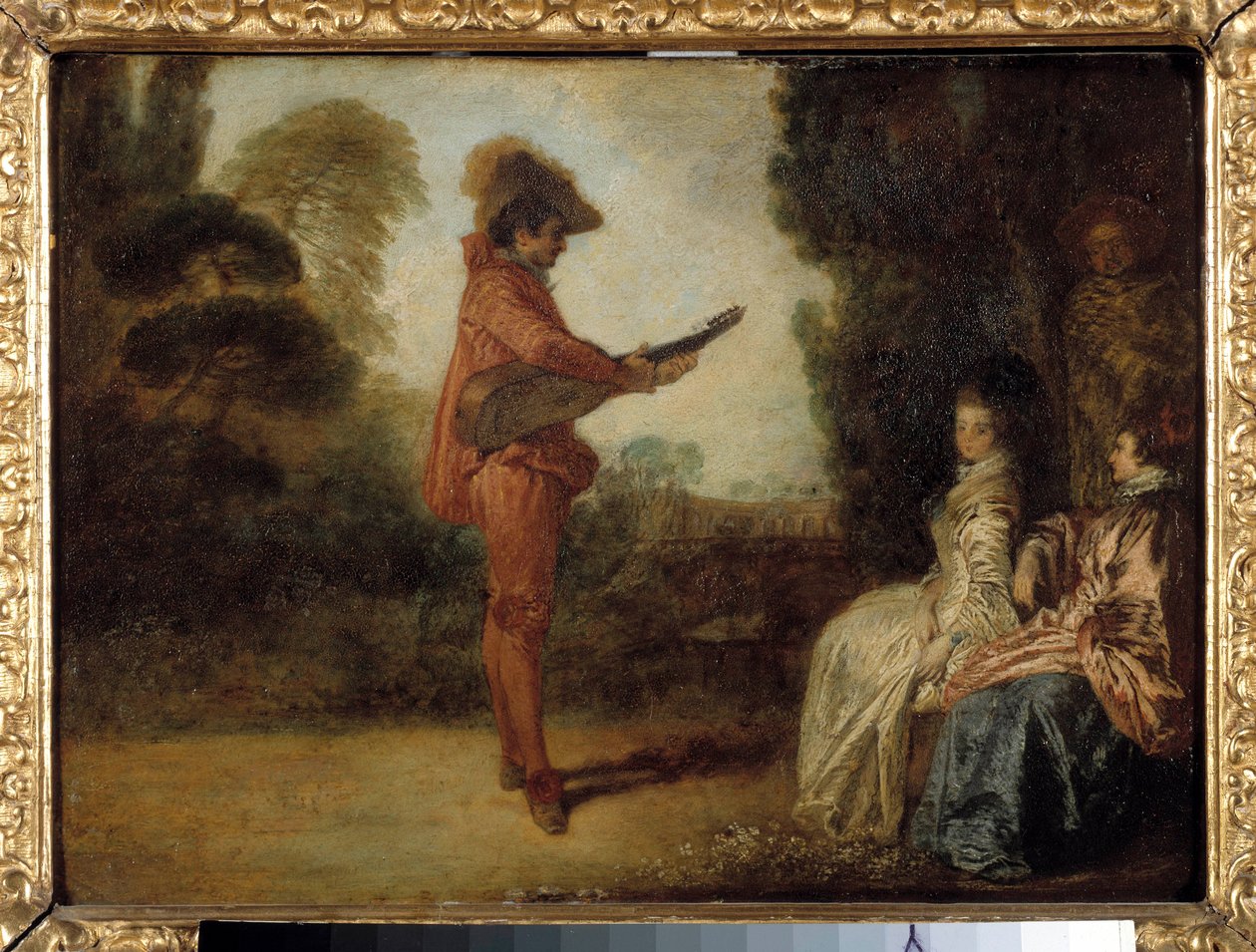 O Encantamento Um jovem músico seduzindo duas jovens mulheres com a sua música. Pintura de Jean Antoine Watteau (1684-1721) de Jean Antoine Watteau