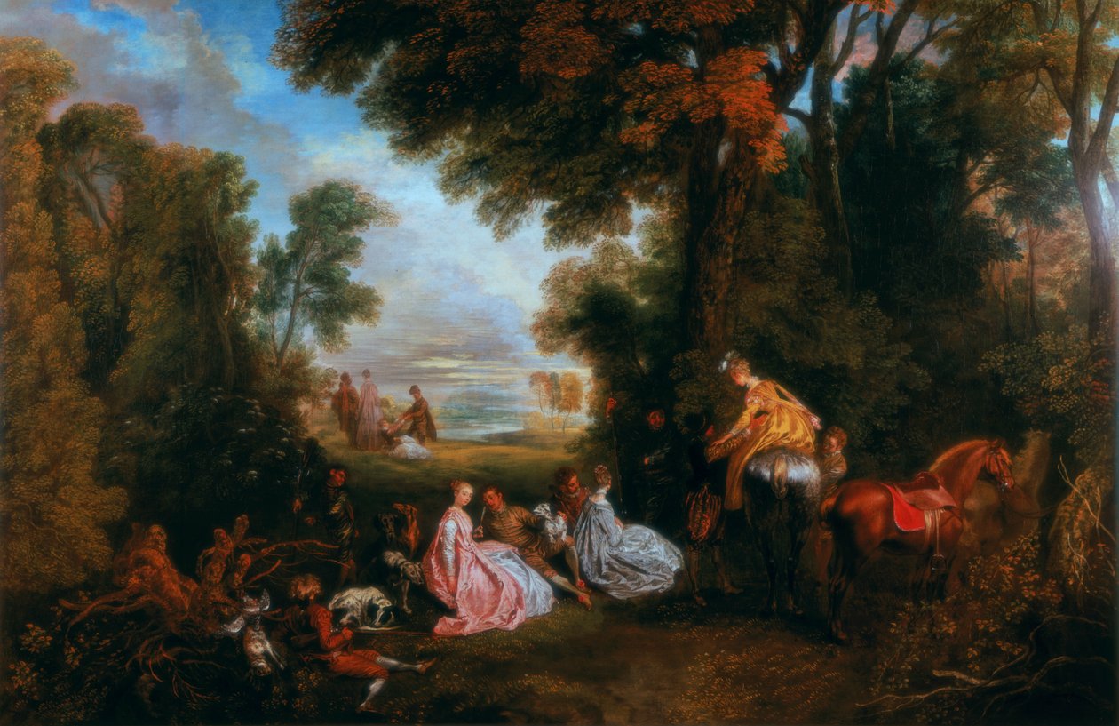 A parada durante a perseguição Rendez-vous de chasse, 1717-1720. de Jean Antoine Watteau