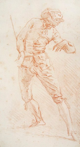 O espadachim (giz vermelho sobre papel) de Jean Antoine Watteau