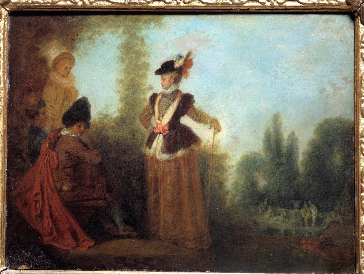 A aventureira Uma jovem com estilo em trajes de viagem. Pintura de Jean Antoine Watteau (1684-1721) Troyes musee des Beaux Arts do século XVIII de Jean Antoine Watteau