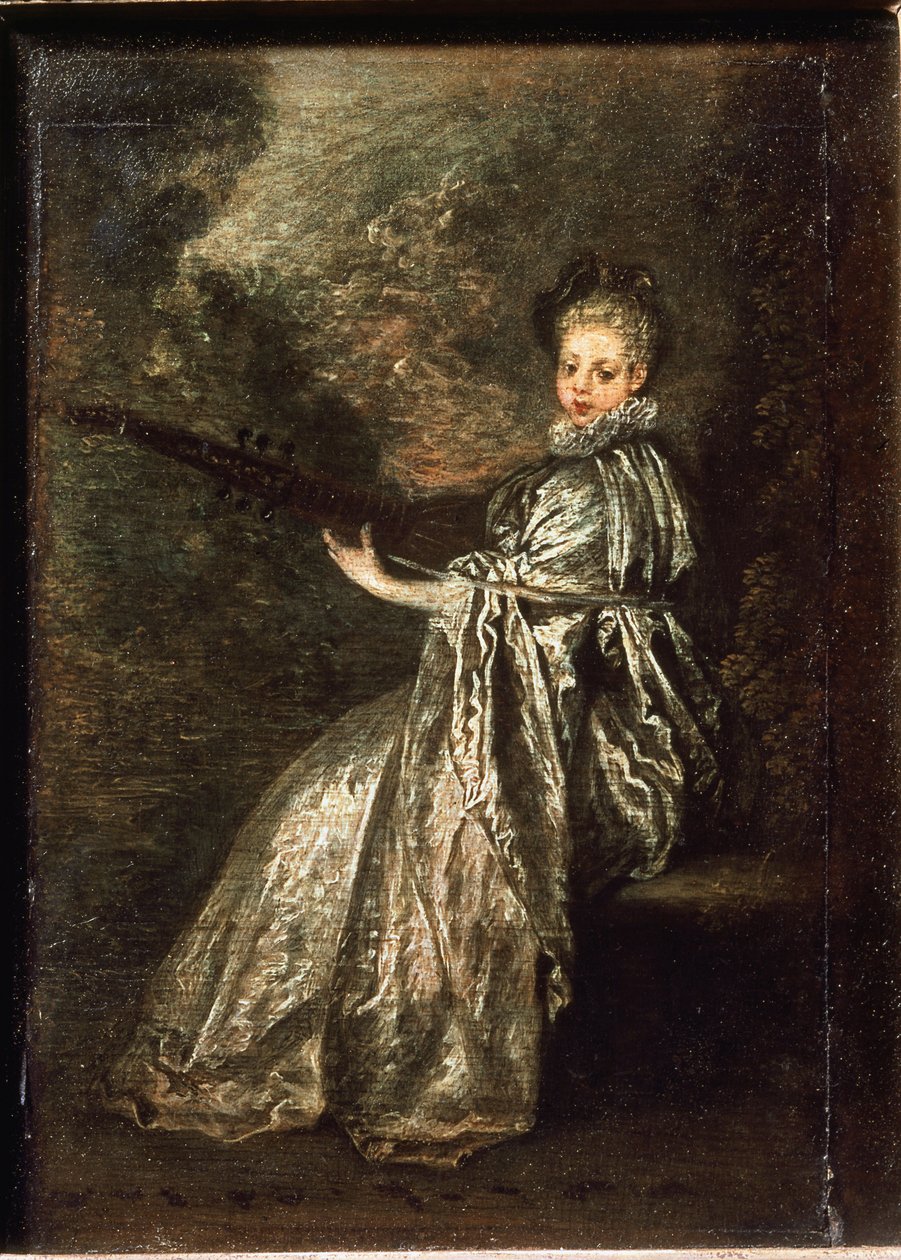 A garota finette tocando um instrumento musical de corda - óleo sobre tela de Jean Antoine Watteau