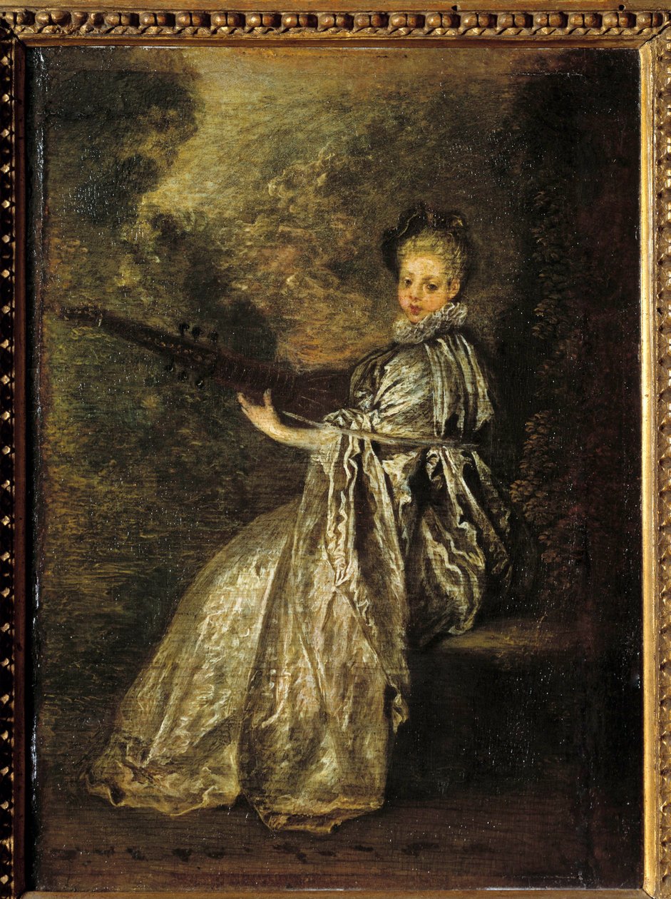 A rapariga finette a tocar um instrumento musical de corda. Pintura de Jean Antoine Watteau (1684-1721) Sol do século XVIII. 0,25x0,19 m de Jean Antoine Watteau