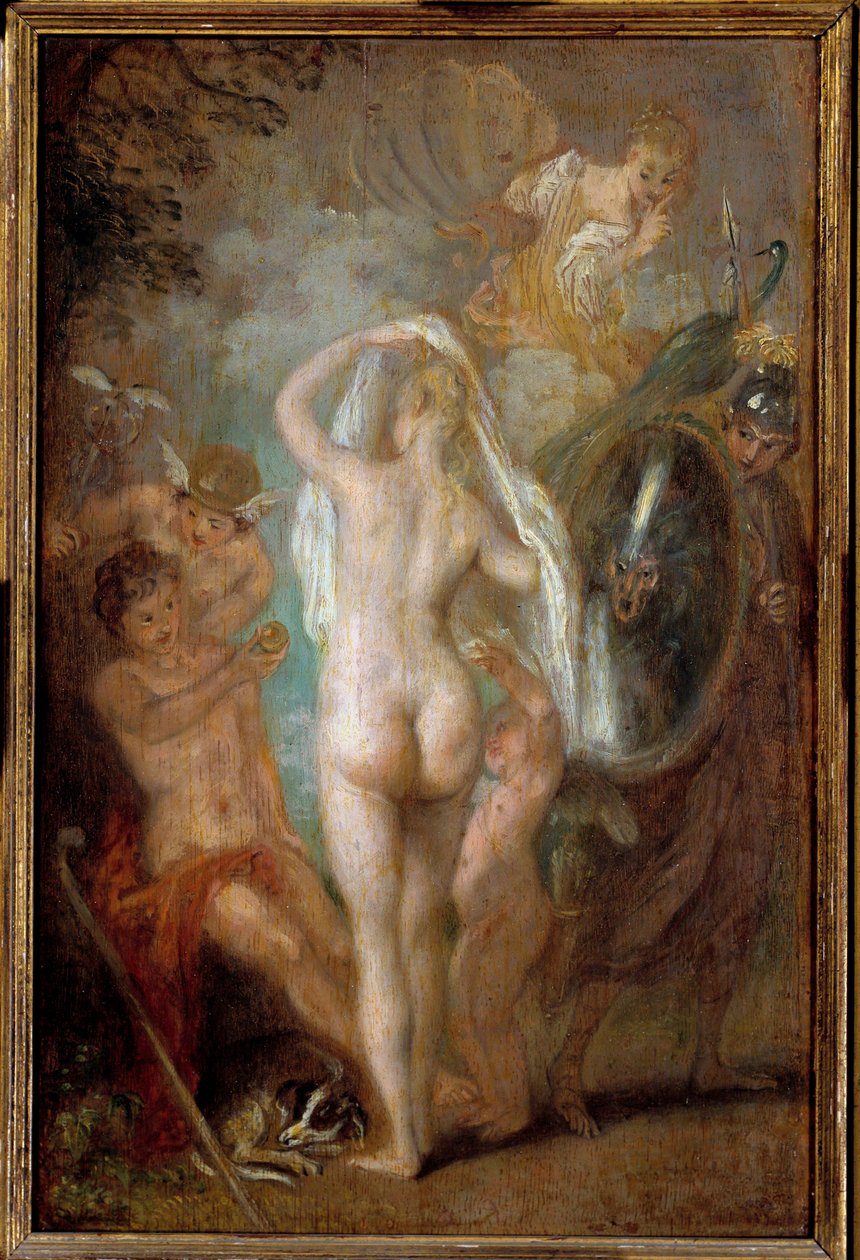 O julgamento de Paris O pastor Paris deve escolher quem vai dar a maçã dourada para desenhar a mais bela das três deusas, Atena, Afrodite ou Hera. Pintura de Jean Antoine Watteau (1684-1721) Sol. 0,47x0,31 m de Jean Antoine Watteau
