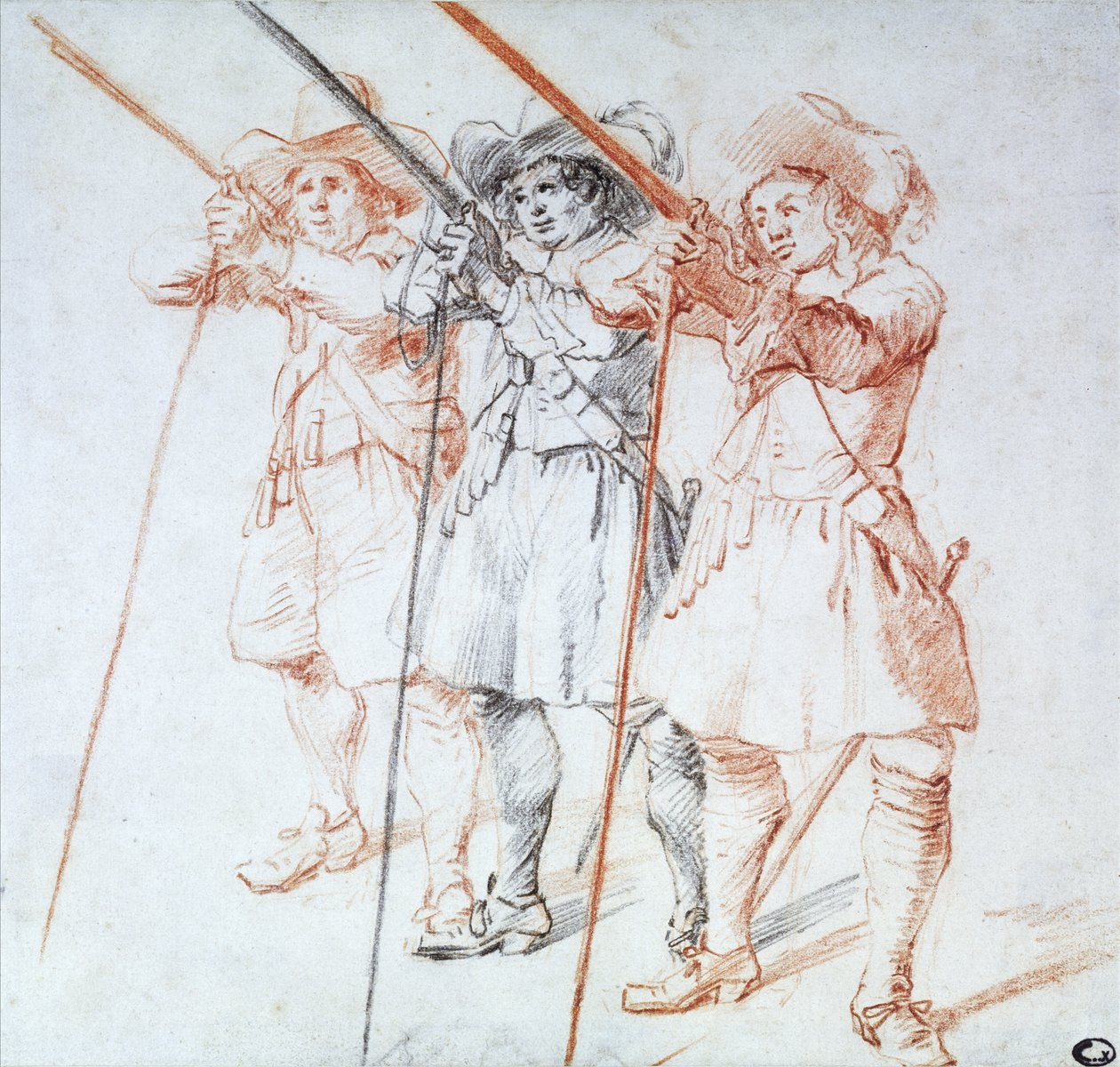 Três Arquebusiers, 1712 (giz preto e vermelho sobre papel) de Jean Antoine Watteau