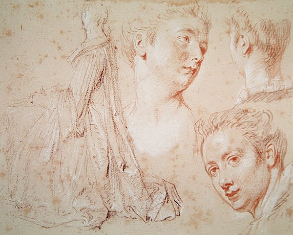 Três cabeças e uma mulher sentada, c.1716 (crayon com giz preto e vermelho no papel) de Jean Antoine Watteau