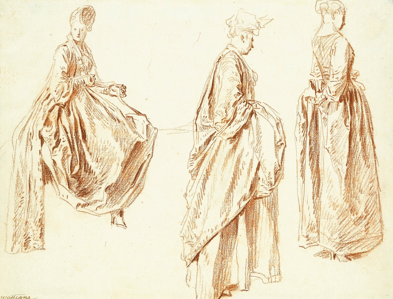 Três damas de perfil à direita, uma sentada, c.1713-14 de Jean Antoine Watteau