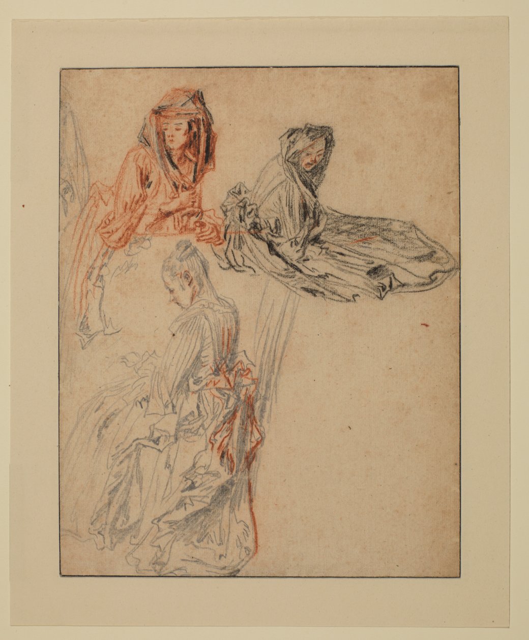 Três estudos de figuras femininas, 1716-1718 por volta de de Jean Antoine Watteau