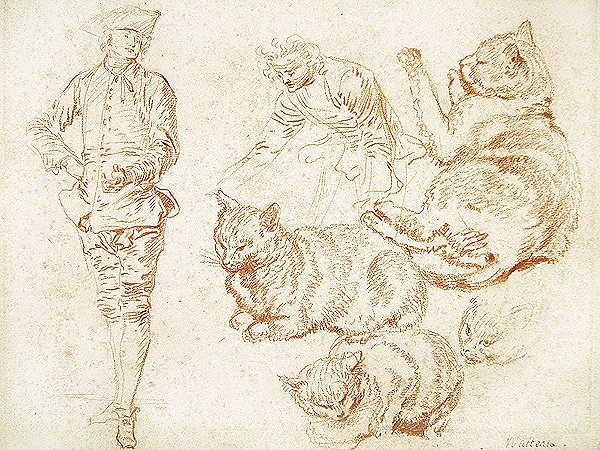 Dois homens e quatro gatos (giz vermelho sobre papel) de Jean Antoine Watteau