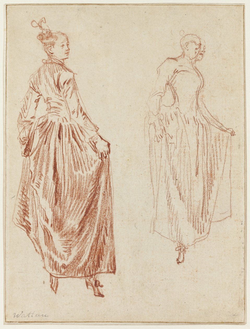 Dois estudos de uma bailarina, levantando a saia com as duas mãos de Jean Antoine Watteau