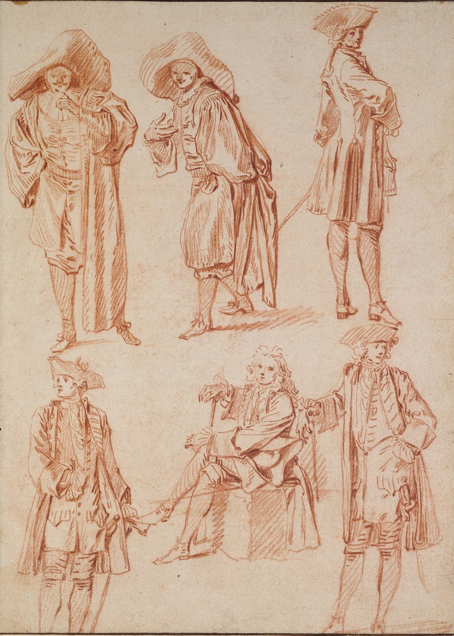 Dois Estudos do Doutor na Comédia Italiana e quatro Oficiais, século XVIII de Jean Antoine Watteau