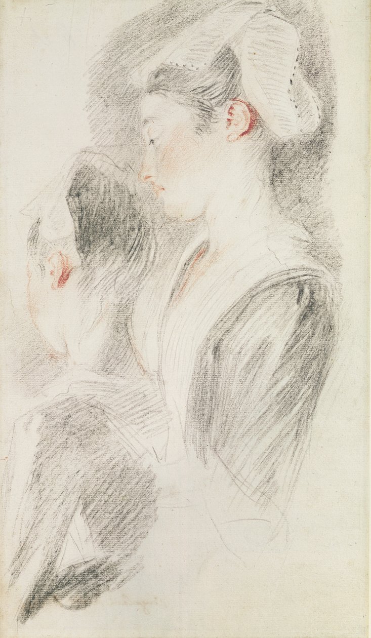 Dois estudos de uma mulher, três quartos da retaguarda, um de perfil (giz sanguíneo e preto sobre papel) de Jean Antoine Watteau