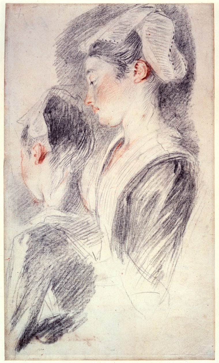 Dois estudos sobre a cabeça de uma jovem, 1716-18 de Jean Antoine Watteau
