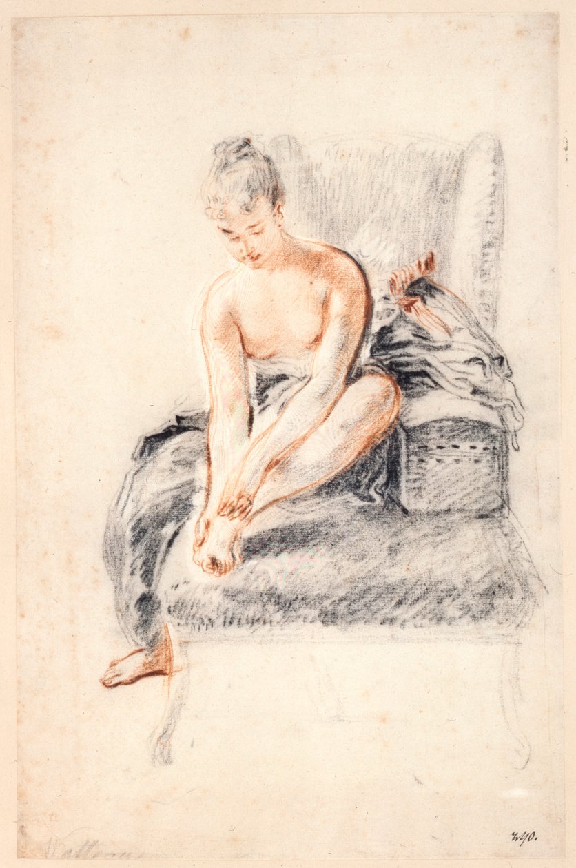 Jovem, nua, segurando um pé nas mãos, 1716-18. de Jean Antoine Watteau