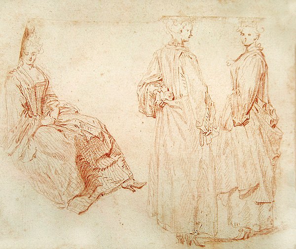 Três mulheres, uma sentada à esquerda (giz vermelho sobre papel) de Jean-Antoine Watteau