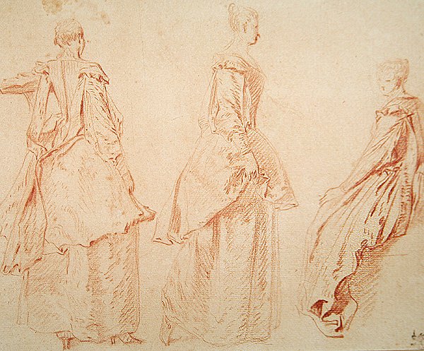 Três mulheres, uma sentada à direita (giz vermelho sobre papel) de Jean Antoine Watteau
