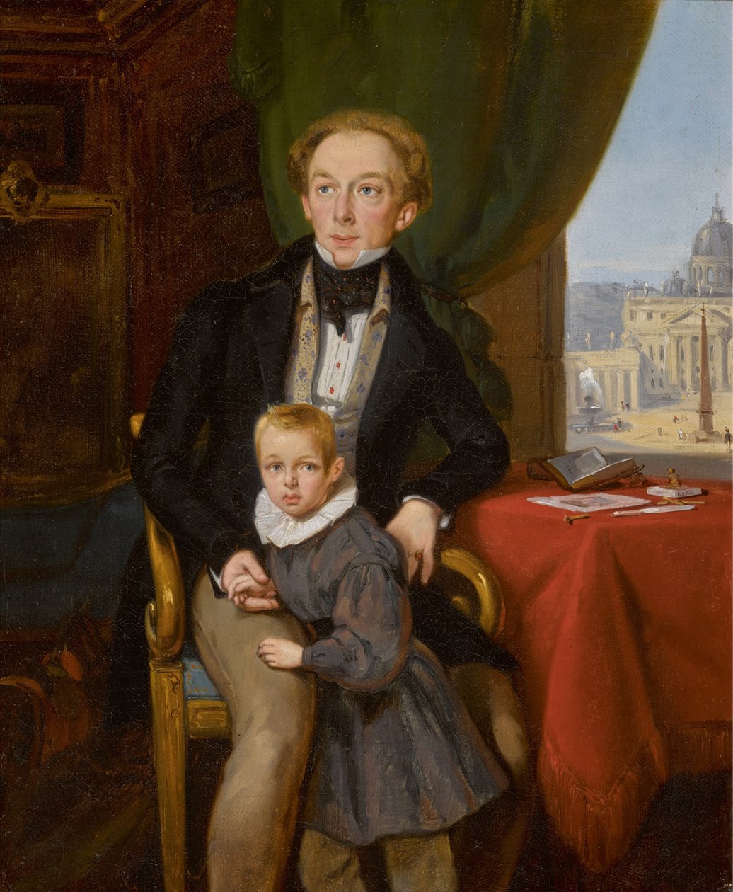 Retrato do conde Pyotr Ivanovich Meshchersky 1802-1876 com o filho Nikolai, 1935. de Jean Auguste Bard