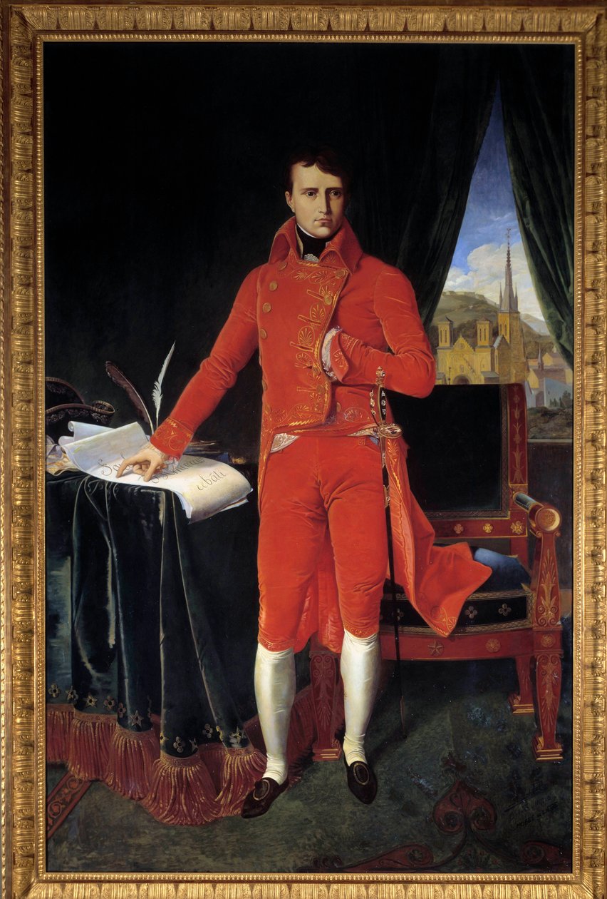 Portrait en pied de Napoleon Bonaparte (1769-1821) en premier Consul Painting by Joseph Pel after Jean-Auguste-Dominique Ingres (Jean Auguste Dominique) (1780-1867) 1929 Sun. 1,2x2,2 m. Malmaison, Musee du chateau Atenção! A utilização desta obra pode ser  de Jean Auguste Dominique (after) Ingres