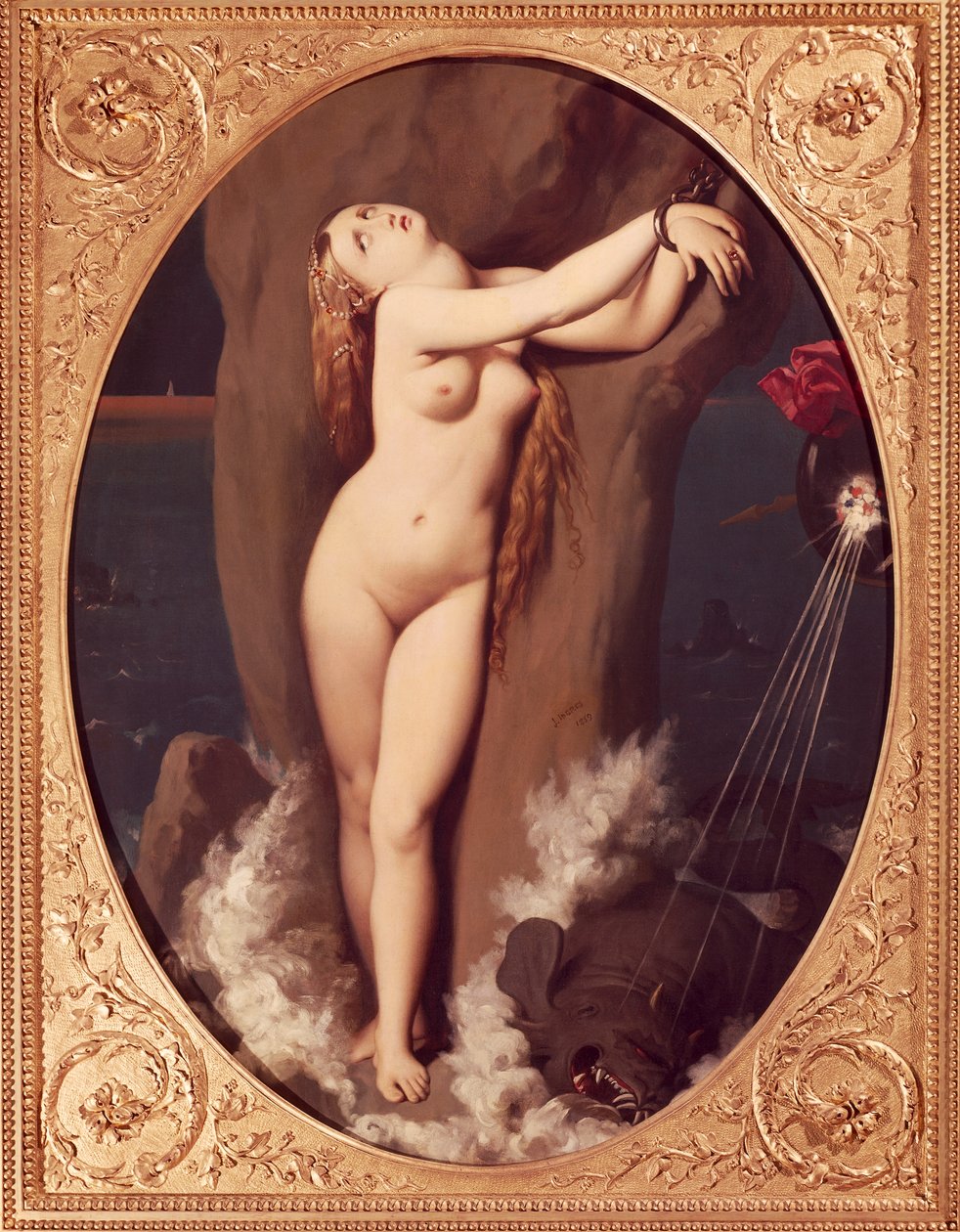 Angélica acorrentada por Jean Auguste Dominique Ingres (1780-1867), óleo sobre tela, 97x75 cm, Primeira versão de Ruggiero resgatando Angélica de Jean Auguste Dominique Ingres