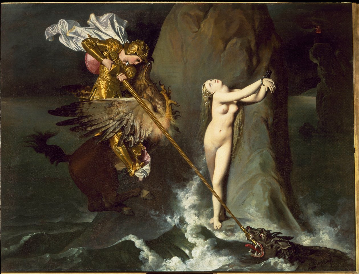 Angelica é libertada por Roger (Ruggero, Ruggiero) cavalga num hipocampo (de Orlando furioso por Ludovico Ariosto) - óleo sobre tela de Jean Auguste Dominique Ingres
