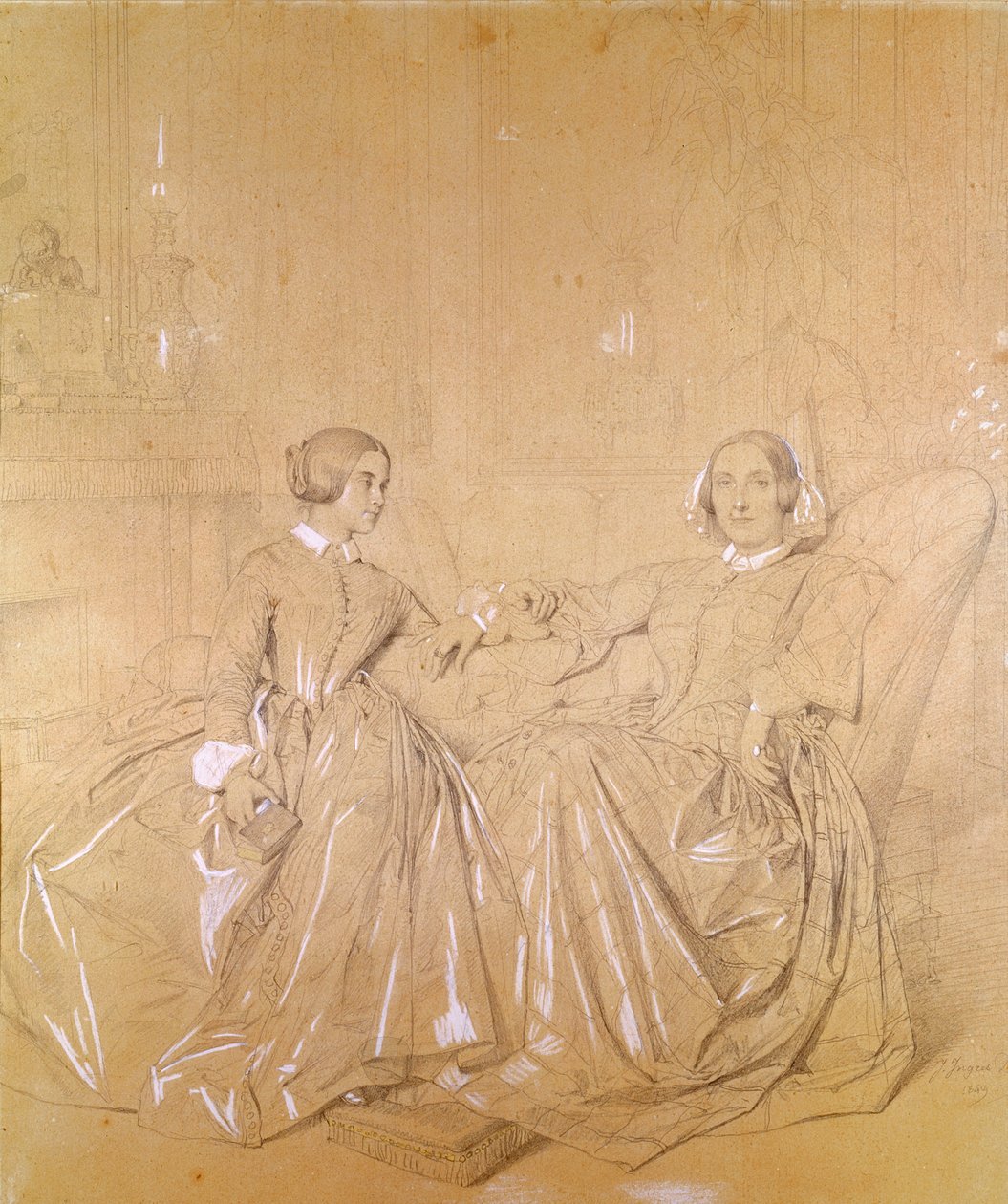 Condessa Charles d&39;Agoult (1805-76) e sua filha Claire d&39;Agoult, maio de 1849 (lápis com giz branco sobre papel) de Jean Auguste Dominique Ingres