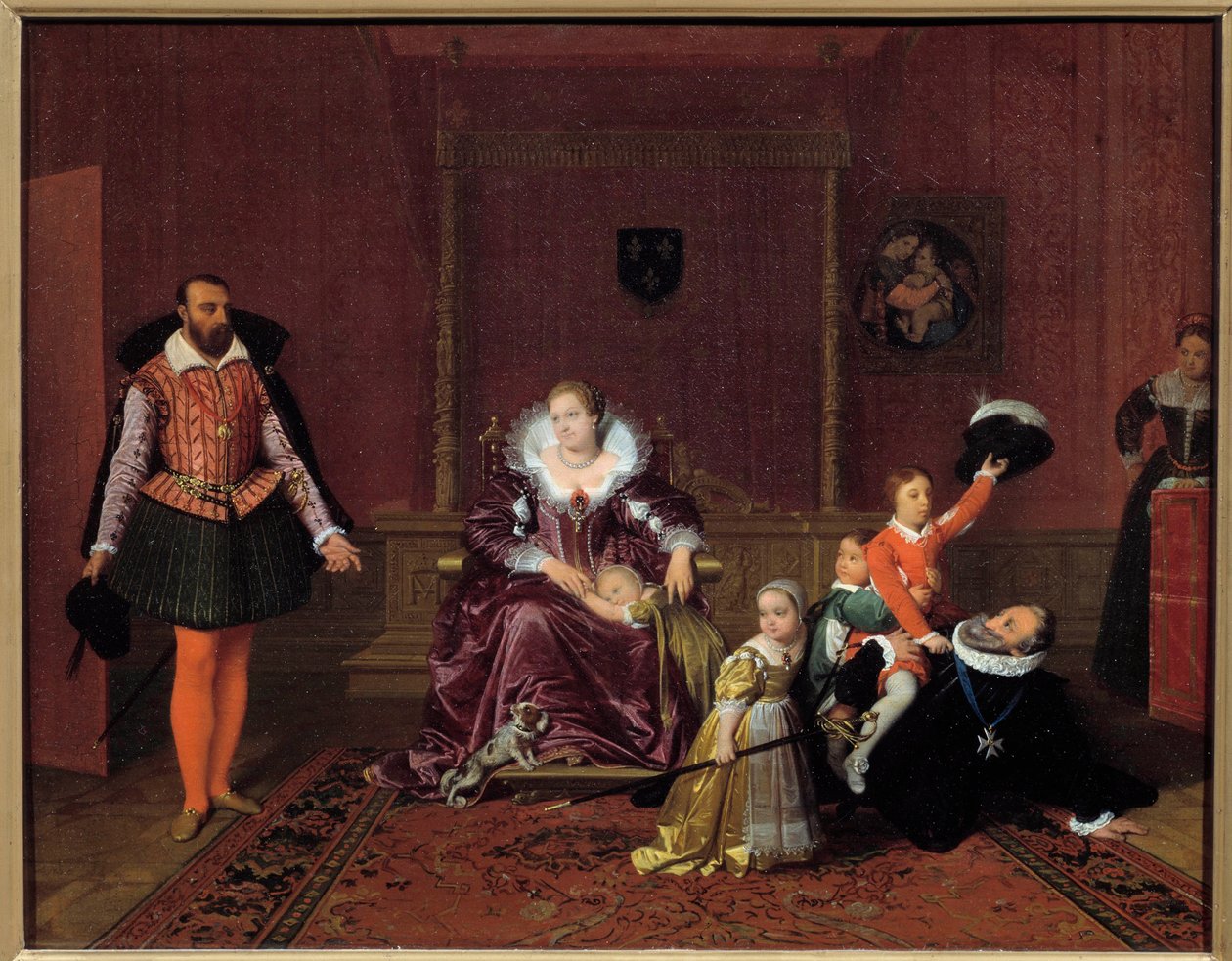 Rei de França Henrique IV (1553-1610) brincando com seus filhos na frente do embaixador espanhol No centro, Rainha Maria de Medicis, as crianças são Luís XIII, Isabel de França, Christine de França e Nicolau. Pintura de Jean Auguste Dominique Ing de Jean Auguste Dominique Ingres
