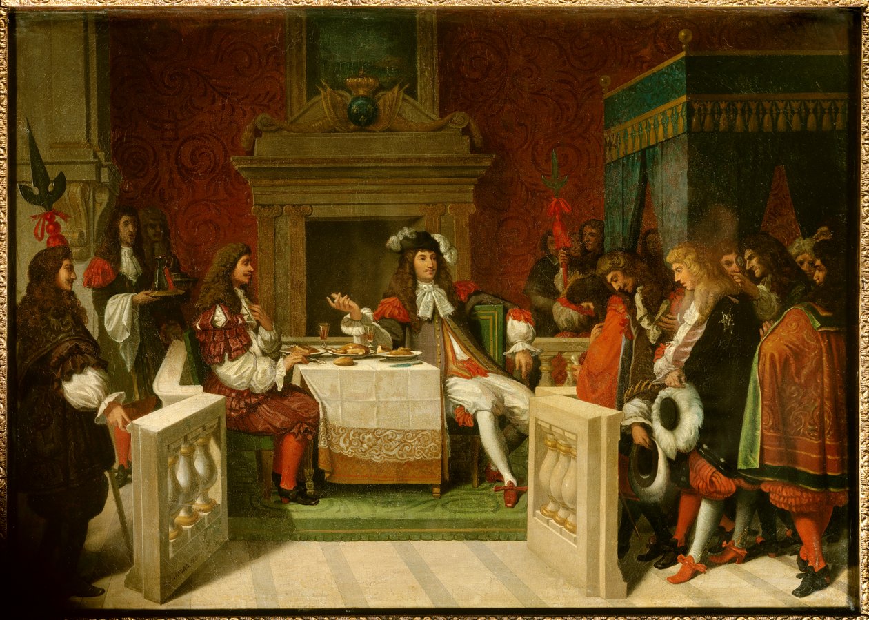 Luís XIV e Moliere: Rei Luís XIV (1638-1715) e Jean Baptiste Poquelin dit Moliere (1622-1673) à mesa em frente dos cortesãos. Pintura de Jean Auguste Dominique Ingres (1780-1867) de Jean Auguste Dominique Ingres