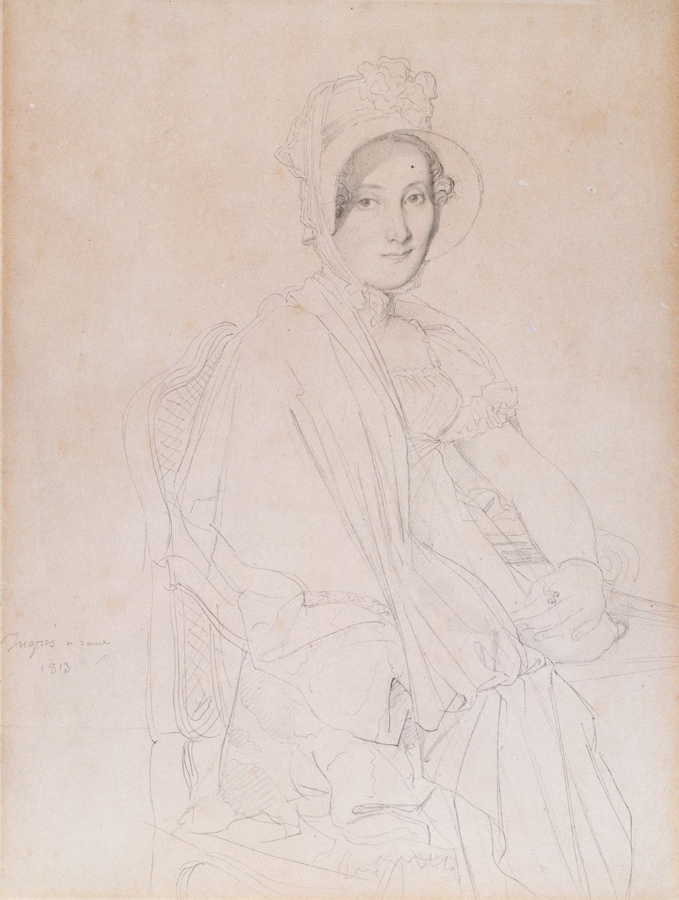 Retrato de Marie Marcoz, mais tarde Vicomtesse de Senonnes de Senonnes, 1813 (lápis de grafite em papel tufado) de Jean Auguste Dominique Ingres