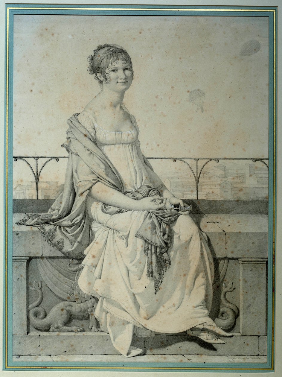Retrato de Miss Barbara Bansi sentada numa paisagem italiana. Desenho de Jean Auguste Dominique Ingres (1780-1867) de Jean Auguste Dominique Ingres