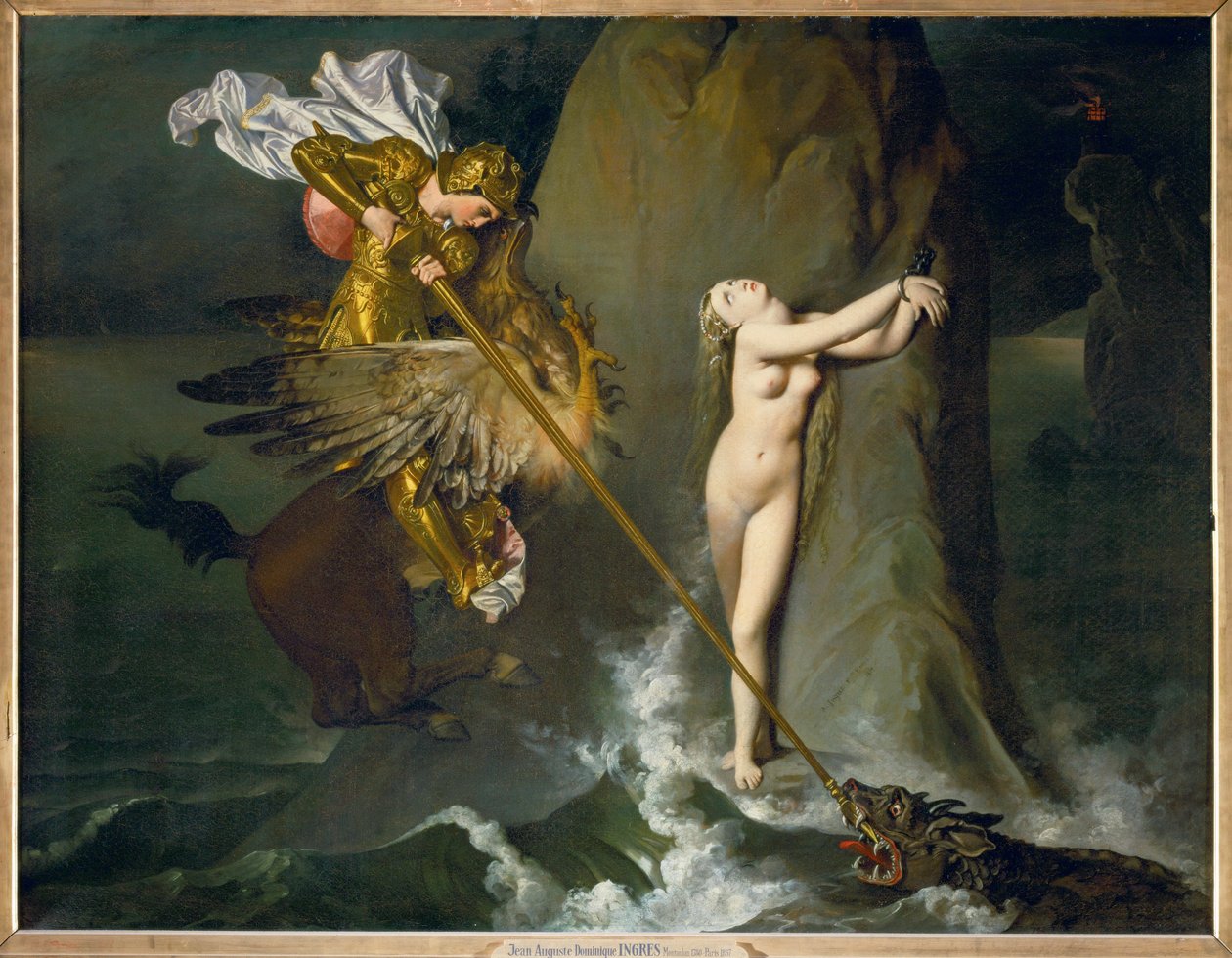 Roger e Angelique, uma cena de Orlando de Ariost ... de Jean Auguste Dominique Ingres
