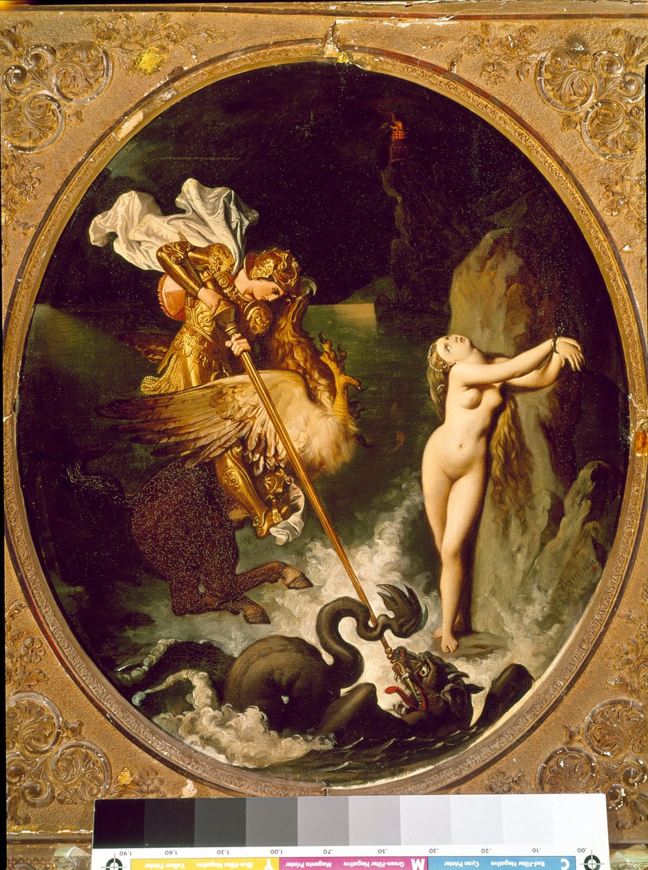 Roger delivrant Angelique Angelique (Angelica) é libertado por Roger (Ruggero, Ruggiero) cavalga sobre um hipocampo - Ilustração da X Canção de "Furious Roland" (Orlando furioso) de Ludovic Ariosto (Arioste) - Pintura de Jean Auguste Dominique Ingres (178 de Jean Auguste Dominique Ingres