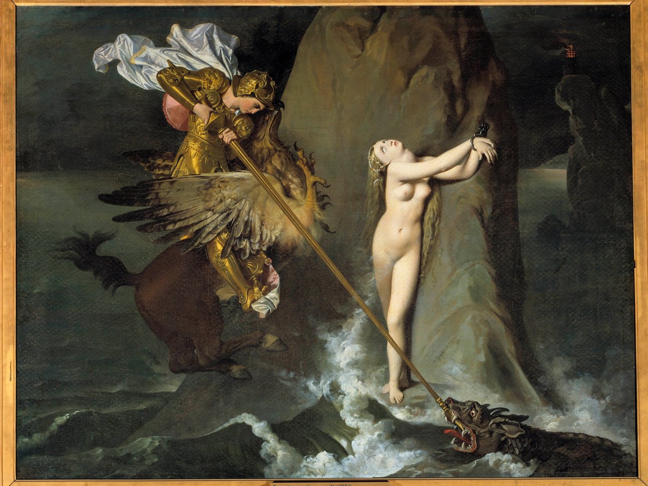 Roger delivrant Angelique Angelique (Angelica) é libertado por Roger (Ruggero, Ruggiero) cavalga num hipocampo - Ilustração do X Canto de "Furious Roland" (Orlando furioso) de Ludovic Ariosto (Arioste) - Pintura de Jean Auguste Dominique Ingres (1 de Jean Auguste Dominique Ingres