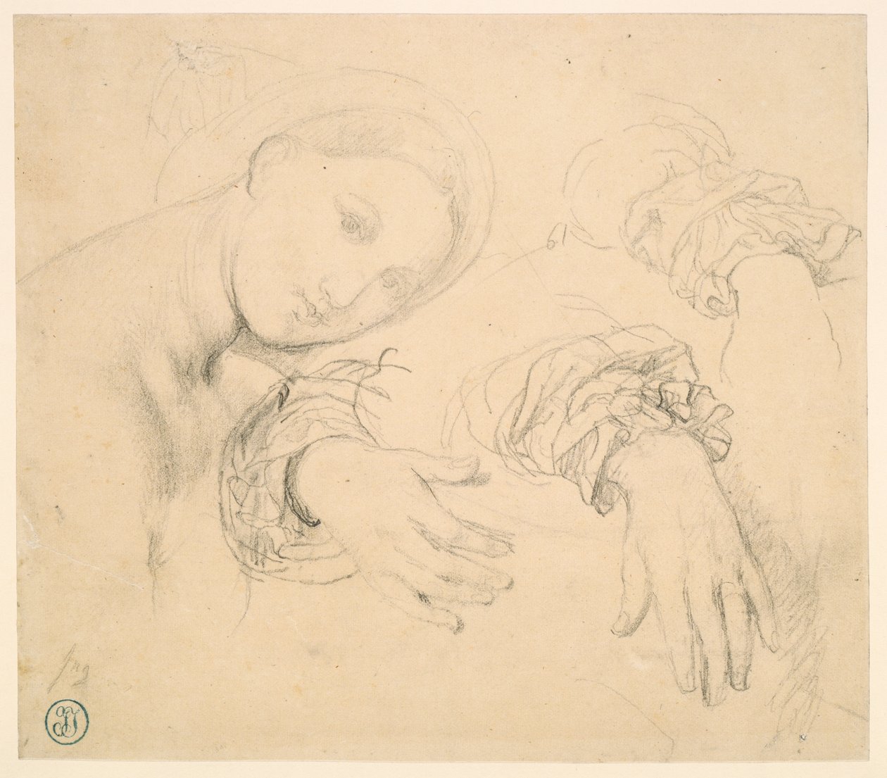 Folha de Estudos com o Chefe da Fornarina e Mãos de Madame de Senonnes de Jean Auguste Dominique Ingres