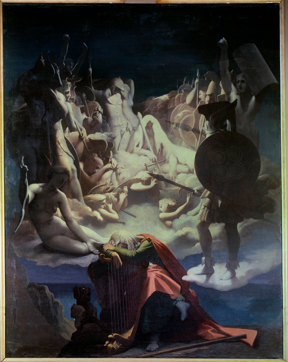 O sonho de Ossian Ilustração da ópera "Ossian or the Bards" de Jean Francois (Jean-Francois) Le Sueur (Lesueur) (1760-1837), o bardo Ossian foi um poeta escocês do século III lido por Napoleão, ele é um representante dormindo numa lira, behi de Jean Auguste Dominique Ingres