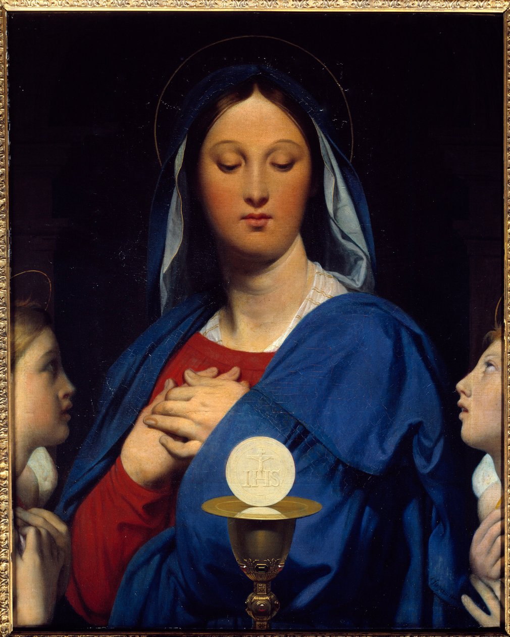 A virgem tem o hospedeiro. Símbolos de comunhão: Objecto da Eucaristia (a hóstia como corpo de Cristo e o vinho do Cálice como seu sangue). Pintura de Jean Auguste Dominique Ingres (1780-1867) de Jean Auguste Dominique Ingres