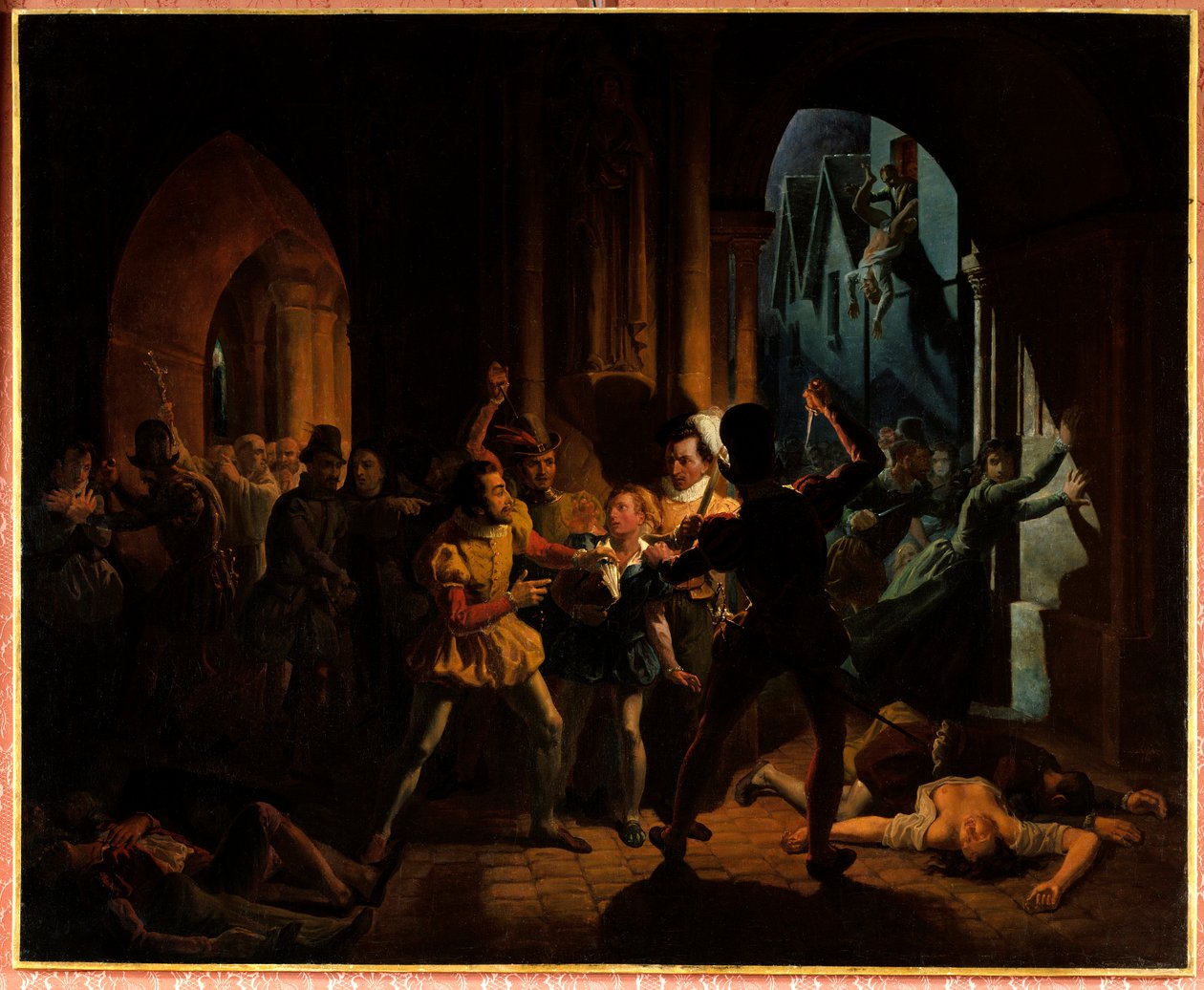 Maximiliano de Bethune escapando do massacre de São Bartolomeu. Maximiliano de Bethune (que se tornou duque de Sully 1559-1641), criado no colégio de Borgonha em Paris, foi salvo por Henrique de Navarra (1553-1610) (então rei Henrique IV) e tornou-se seu c de Jean Auguste Dubouloz