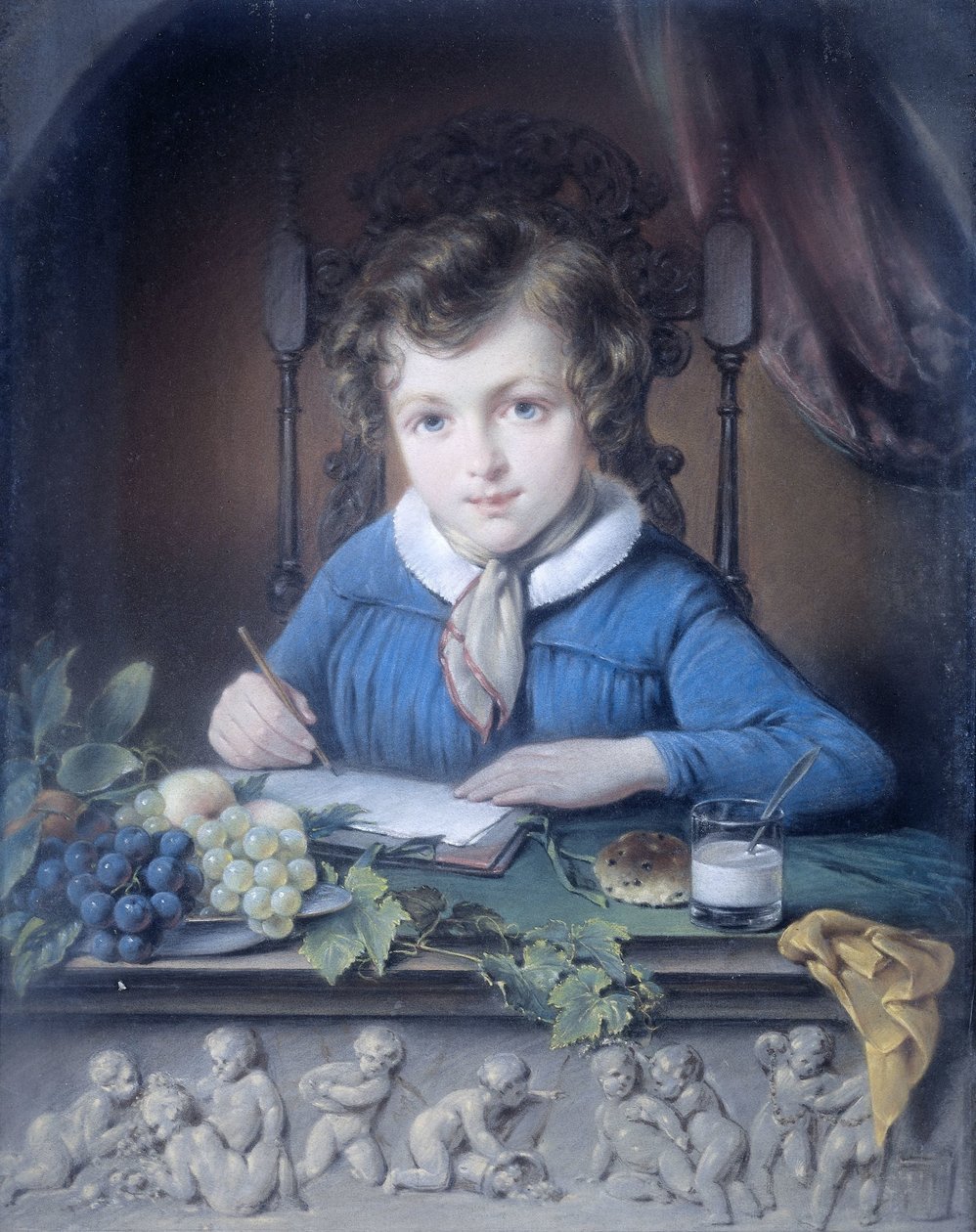 Retrato de um menino, sentado em um nicho de janela e vestindo uma jaqueta azul de Jean Augustin Daiwaille (attributed to)