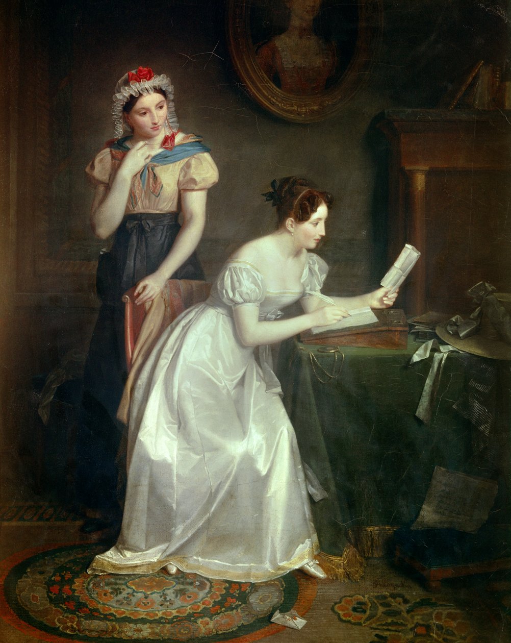 A resposta à carta Uma jovem mulher apressa-se a responder à carta do seu amante - Pintura de Jean Augustin (Jean-Augustin) Franquelin (1798-1839) Século XIX Sol 0,46x0,38 m de Jean Augustin Franquelin