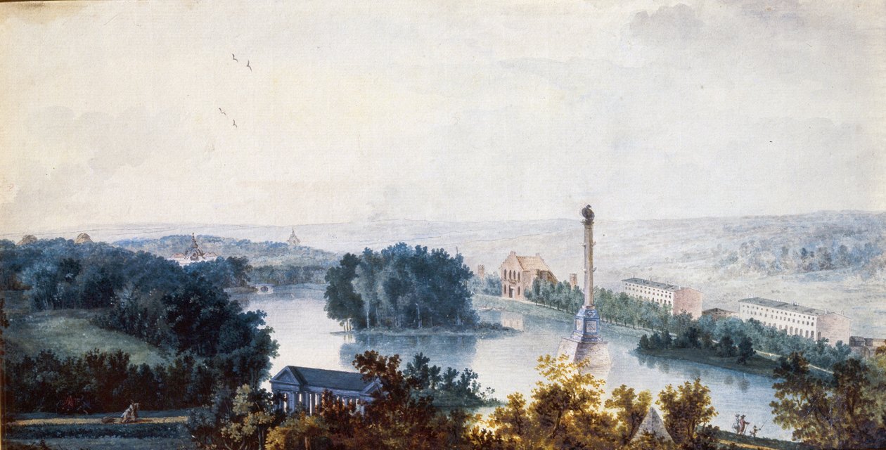 ""Tsarskoye Selo. A Coluna Chesme"" de Jean Balthazard de la Traverse (século XVIII), Aquarela sobre papel de Jean Balthazard de la Traverse
