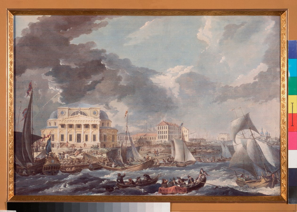 Vue de la Bourse a Saint Petersburg (Vista da Bolsa de Valores de São Petersburgo) - Obra de Jean Balthazard de la Traverse (segunda metade do século XVIII), aquarela e guache sobre papel de Jean Balthazard de la Traverse