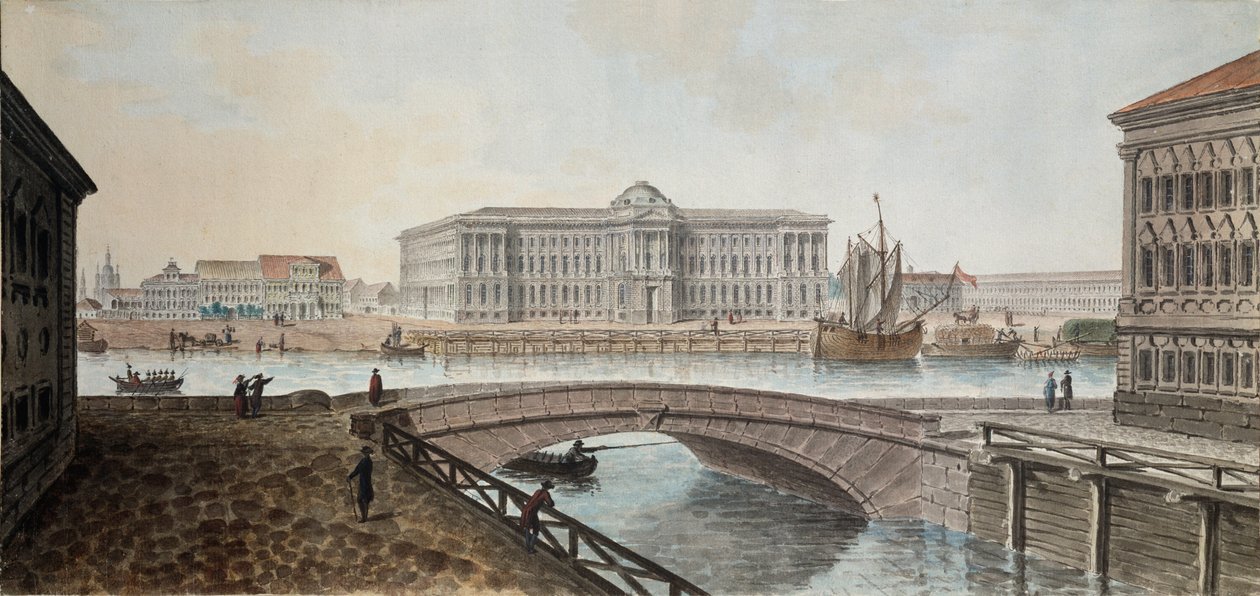 Vista da Academia de Belas Artes do Neva em São Petersburgo - Obra de Jean Balthazard de la Traverse (segunda metade do século XVIII), aquarela e guache sobre papel, final de 1790, de Jean Balthazard de la Traverse