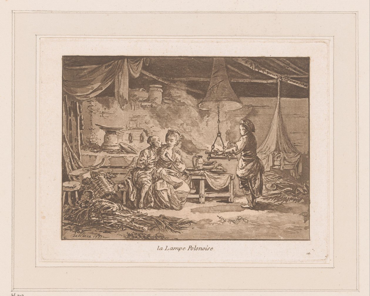 Interior de um celeiro com duas figuras em um banco e um homem perto de um incêndio La Lampe Polonoise (título no objeto) de Jean Baptist Leprince
