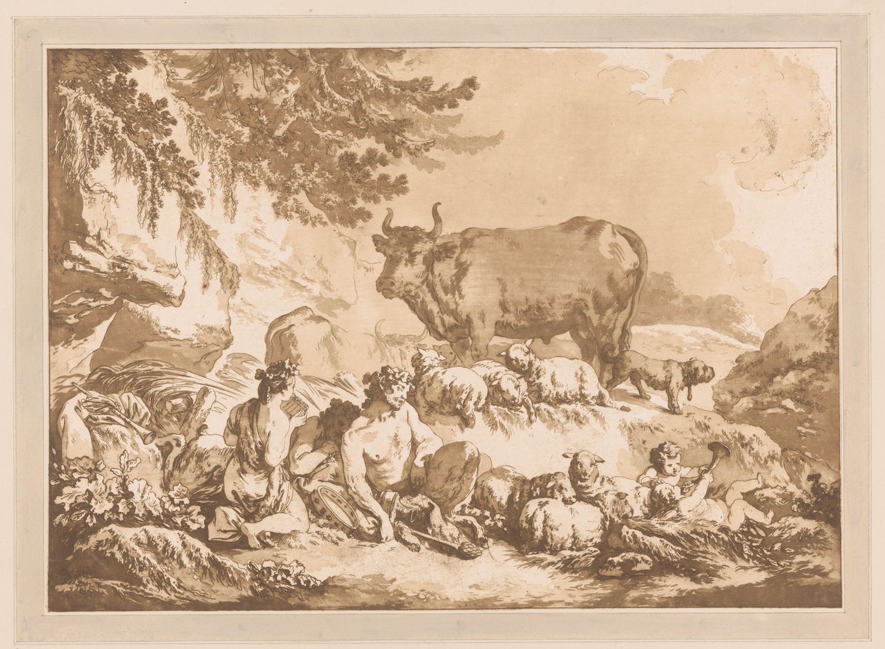 Sátiros de repouso entre ovelhas e uma vaca numa paisagem de Jean Baptist Leprince