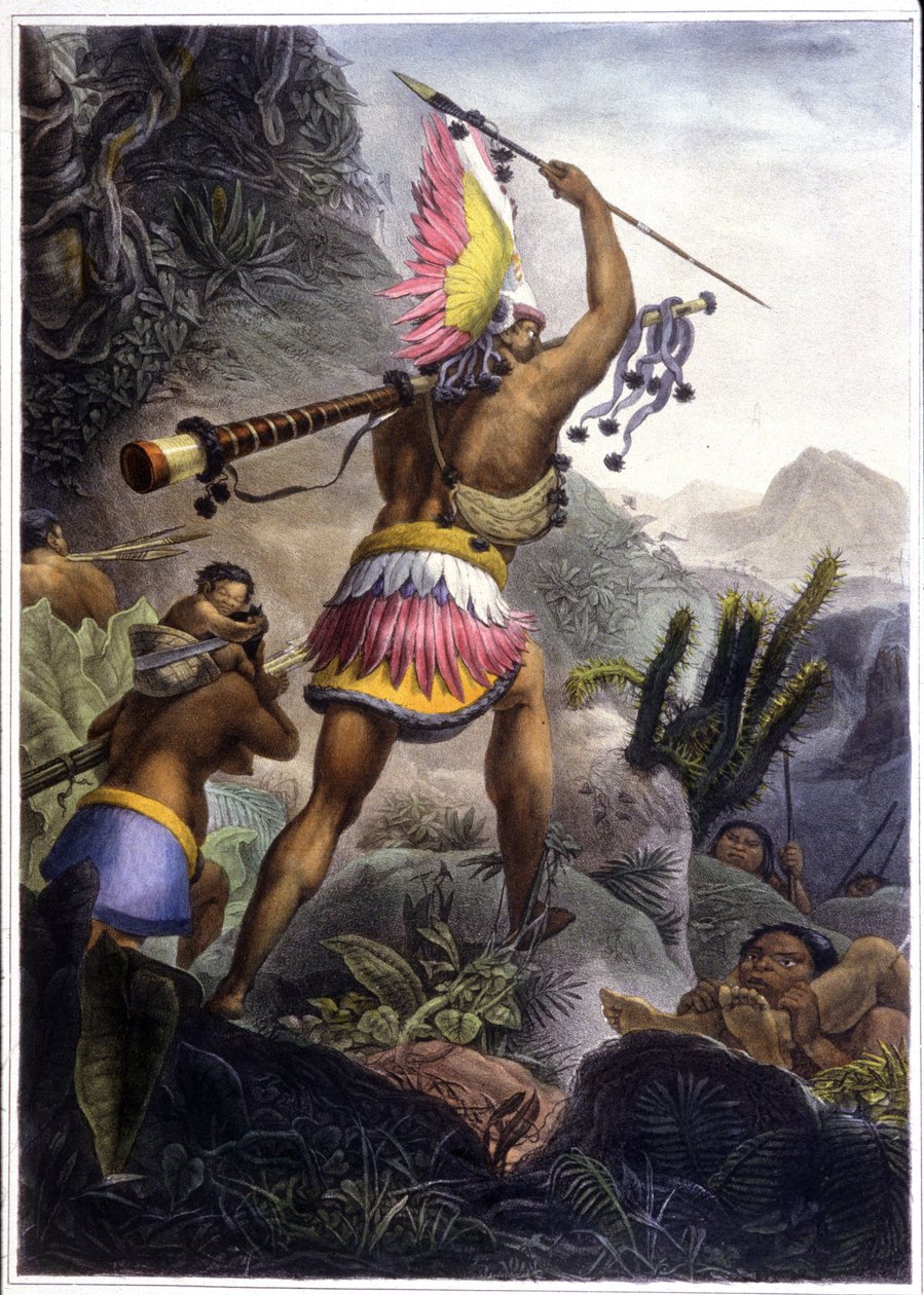 Um índio Coroado a dar o sinal para a reforma,1839 (cor litho) de Jean Baptiste (after) Debret