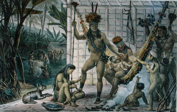 Família de um chefe indiano camacano preparando-se para um festival, ilustração de 